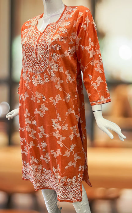 Orange Machine Chikankari Kurti.  Versatile Cotton Fabric. | Laces and Frills - Laces and Frills
