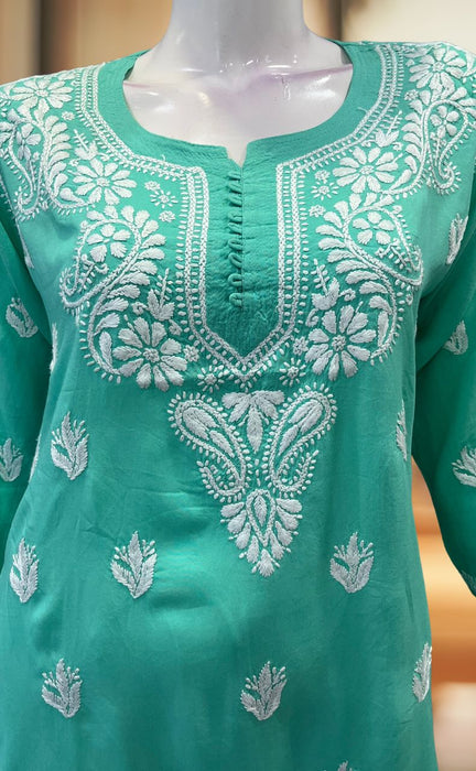 Sea Green Chikankari Short Kurti. Flowy Rayon Fabric. | Laces and Frills - Laces and Frills