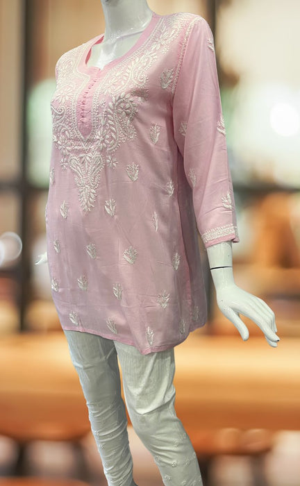 Light Pink Chikankari Short Kurti. Flowy Rayon Fabric. | Laces and Frills - Laces and Frills
