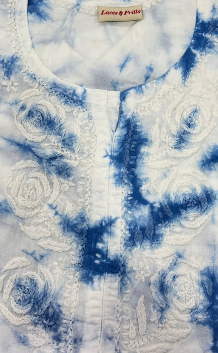 White/Blue Chikankari Short Kurti/Pant Co-Ord Set . Versatile Cotton Fabric. | Laces and Frills - Laces and Frills
