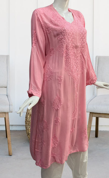 Pink Lucknowi Chikankari Kurti. Flowy Rayon Fabric. | Laces and Frills - Laces and Frills