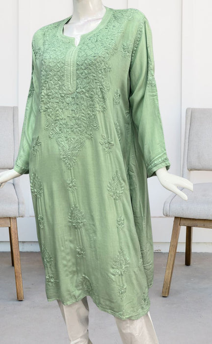 Green Lucknowi Chikankari Kurti. Flowy Rayon Fabric. | Laces and Frills - Laces and Frills