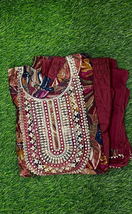 Maroon Garden Kurti With Pant And Dupatta Set. Versatile Muslin. | Laces and Frills - Laces and Frills