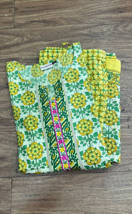 Green/Yellow Floral Jaipur Cotton Kurti With Pant And Dupatta Set  .Pure Versatile Cotton. | Laces and Frills - Laces and Frills