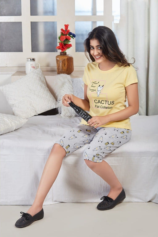 Yellow Teddy Women's Cotton Printed Capri Set | Pure Cotton Hosiery | Laces and Frills - Laces and Frills