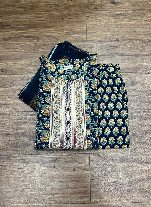 Black/Mustard Garden Jaipur Cotton Kurti With Pant And Dupatta Set  .Pure Versatile Cotton. | Laces and Frills - Laces and Frills