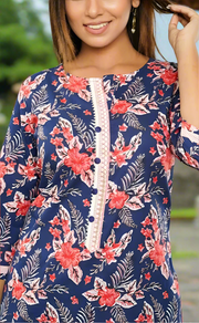 Navy Blue Garden Kurti With Pant Set .Pure Versatile Cotton. | Laces and Frills - Laces and Frills