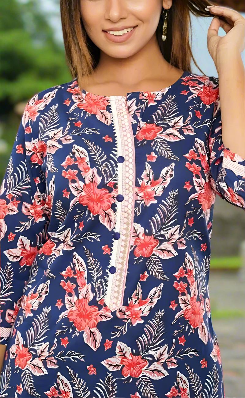Navy Blue Garden Kurti With Pant Set .Pure Versatile Cotton. | Laces and Frills - Laces and Frills