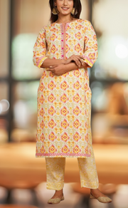White/Yellow Motif Kurti With Pant Set.Pure Versatile Cotton. | Laces and Frills - Laces and Frills