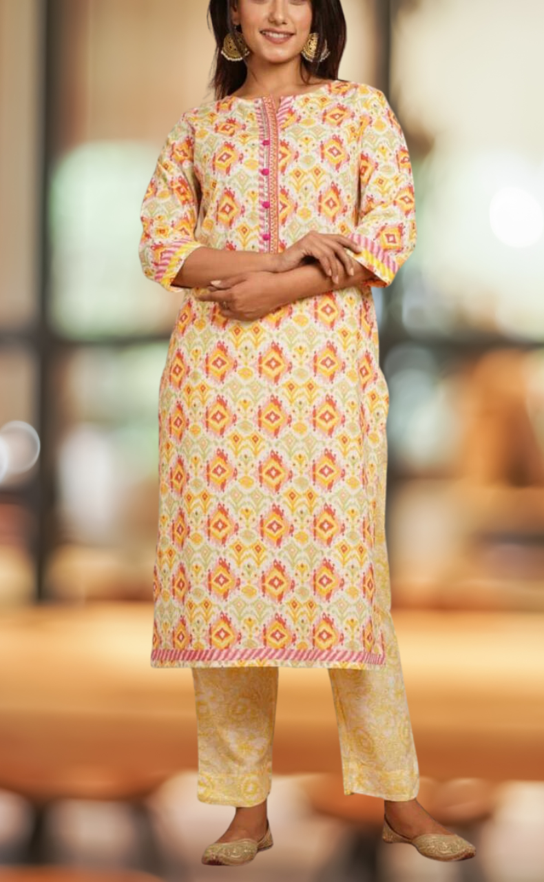 White/Yellow Motif Kurti With Pant Set.Pure Versatile Cotton. | Laces and Frills - Laces and Frills