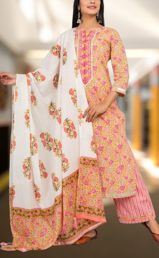 Pink Garden Kurti With Palazzo And Dupatta Set  .Pure Versatile Cotton. | Laces and Frills - Laces and Frills