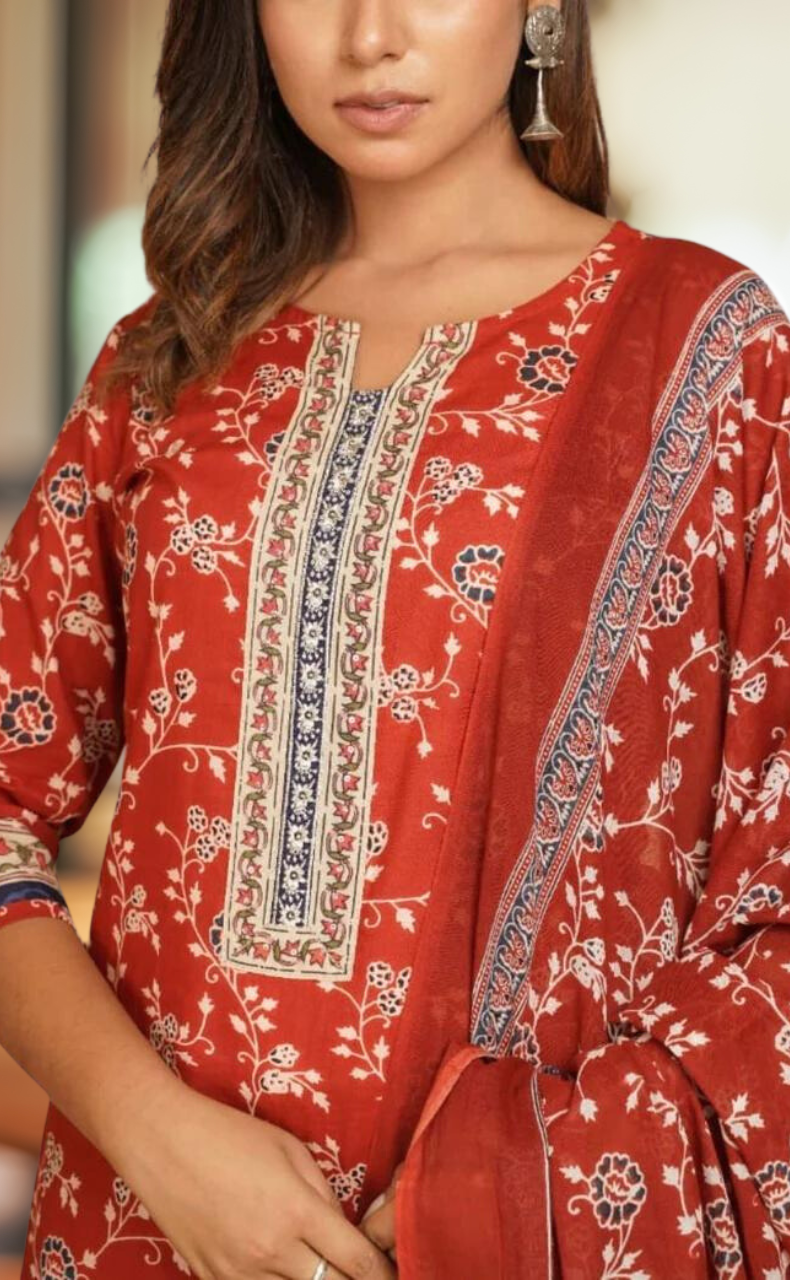 Maroon Garden Kurti With Pant And Dupatta Set  .Pure Versatile Cotton. | Laces and Frills - Laces and Frills
