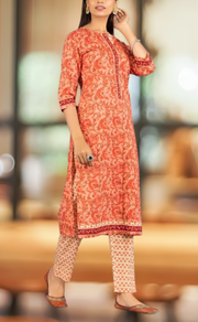 Peach/Red Floral Kurti With Pant Set .Pure Versatile Cotton. | Laces and Frills - Laces and Frills