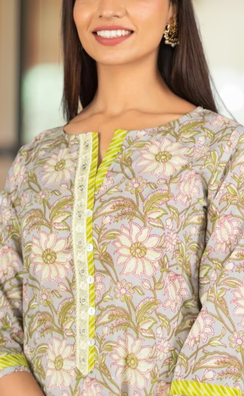 Grey/Green Floral Kurti With Pant Set .Pure Versatile Cotton. | Laces and Frills - Laces and Frills