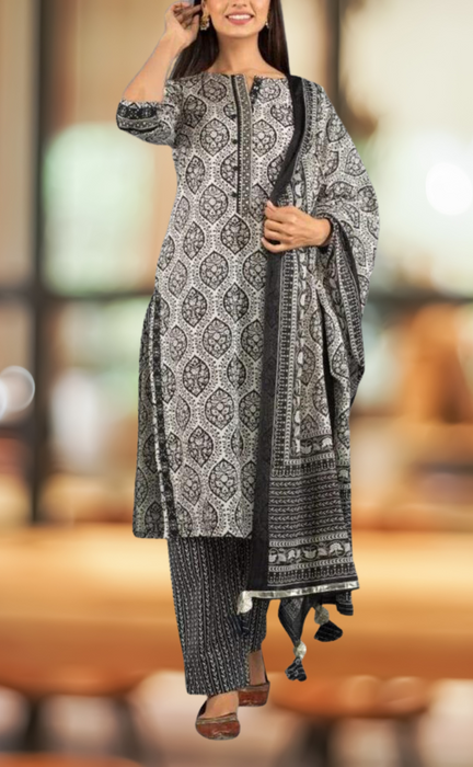 Black/White Kurti With Pant And Dupatta Set.Pure Versatile Cotton. | Laces and Frills - Laces and Frills