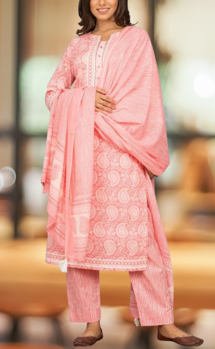 Baby Pink Motif Kurti With Pant And Dupatta Set  .Pure Versatile Cotton. | Laces and Frills - Laces and Frills