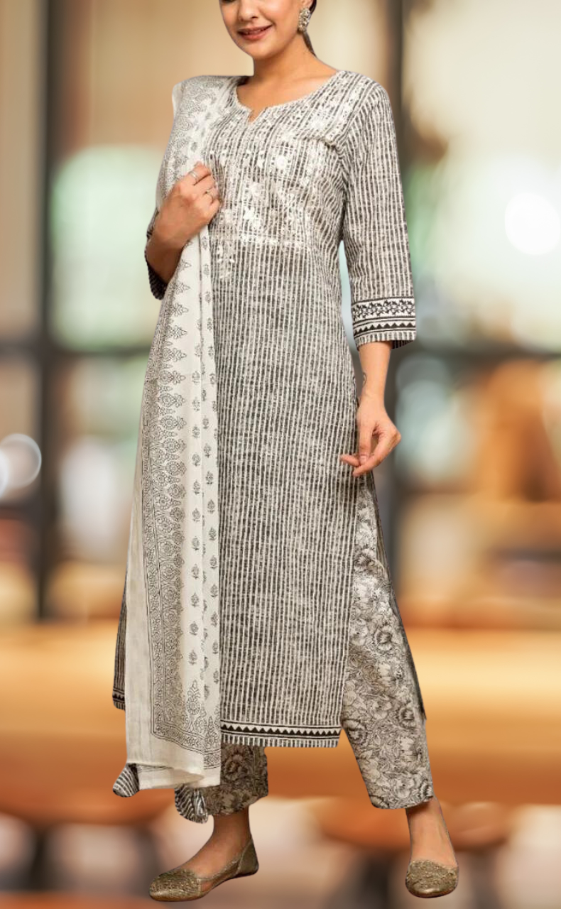 Grey Garden Kurti With Pant And Dupatta Set  .Pure Versatile Cotton. | Laces and Frills - Laces and Frills
