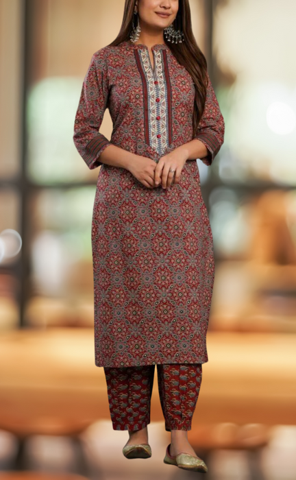 Maroon Garden Kurti With Pant And Dupatta Set. Pure Versatile Cotton. | Laces and Frills - Laces and Frills