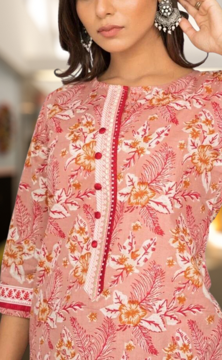 English Pink Floral Kurti With Pant Set .Pure Versatile Cotton. | Laces and Frills - Laces and Frills