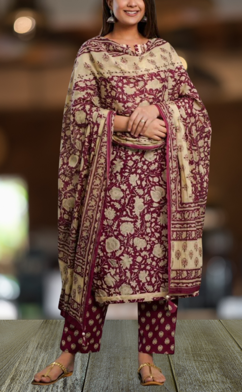 Maroon/Cream Floral Kurti With Pant And Dupatta Set. Pure Versatile Cotton. | Laces and Frills - Laces and Frills
