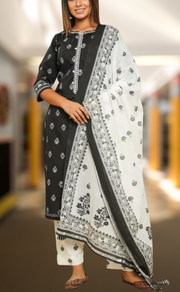 Black Motif Kurti With Pant And Dupatta Set  .Pure Versatile Cotton. | Laces and Frills - Laces and Frills