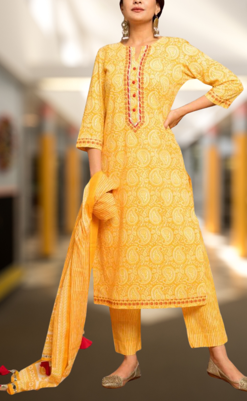 Yellow Motif Kurti With Pant And Dupatta Set  .Pure Versatile Cotton. | Laces and Frills - Laces and Frills
