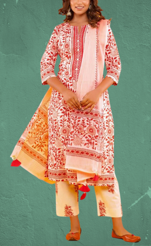 Light Pink/Red Floral Kurti With Pant And Dupatta Set  .Pure Versatile Cotton. | Laces and Frills - Laces and Frills