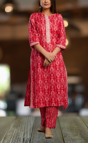 Red Ikkat Kurti With Pant And Dupatta Set. Pure Versatile Cotton. | Laces and Frills - Laces and Frills