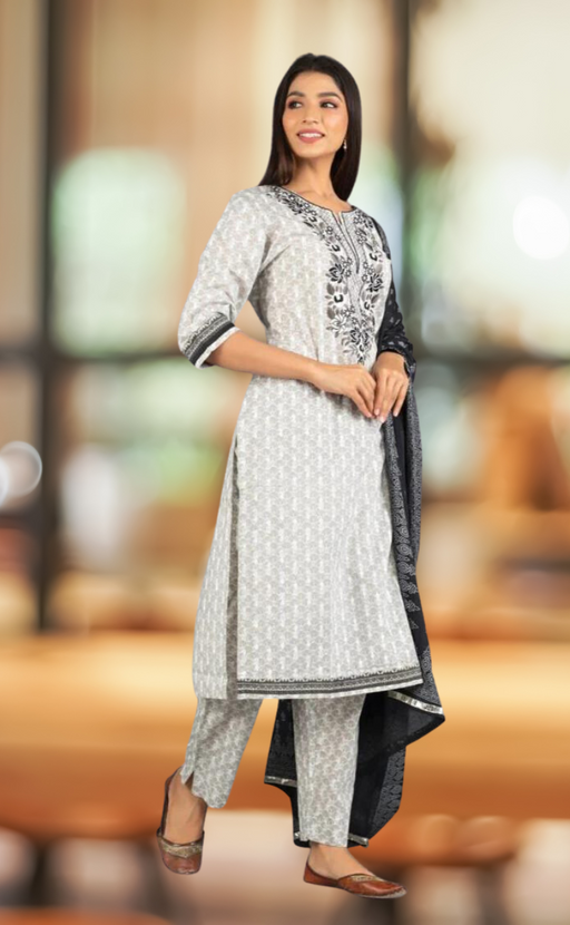 Grey Embroidery Kurti With Pant And Dupatta Set.Pure Versatile Cotton. | Laces and Frills - Laces and Frills