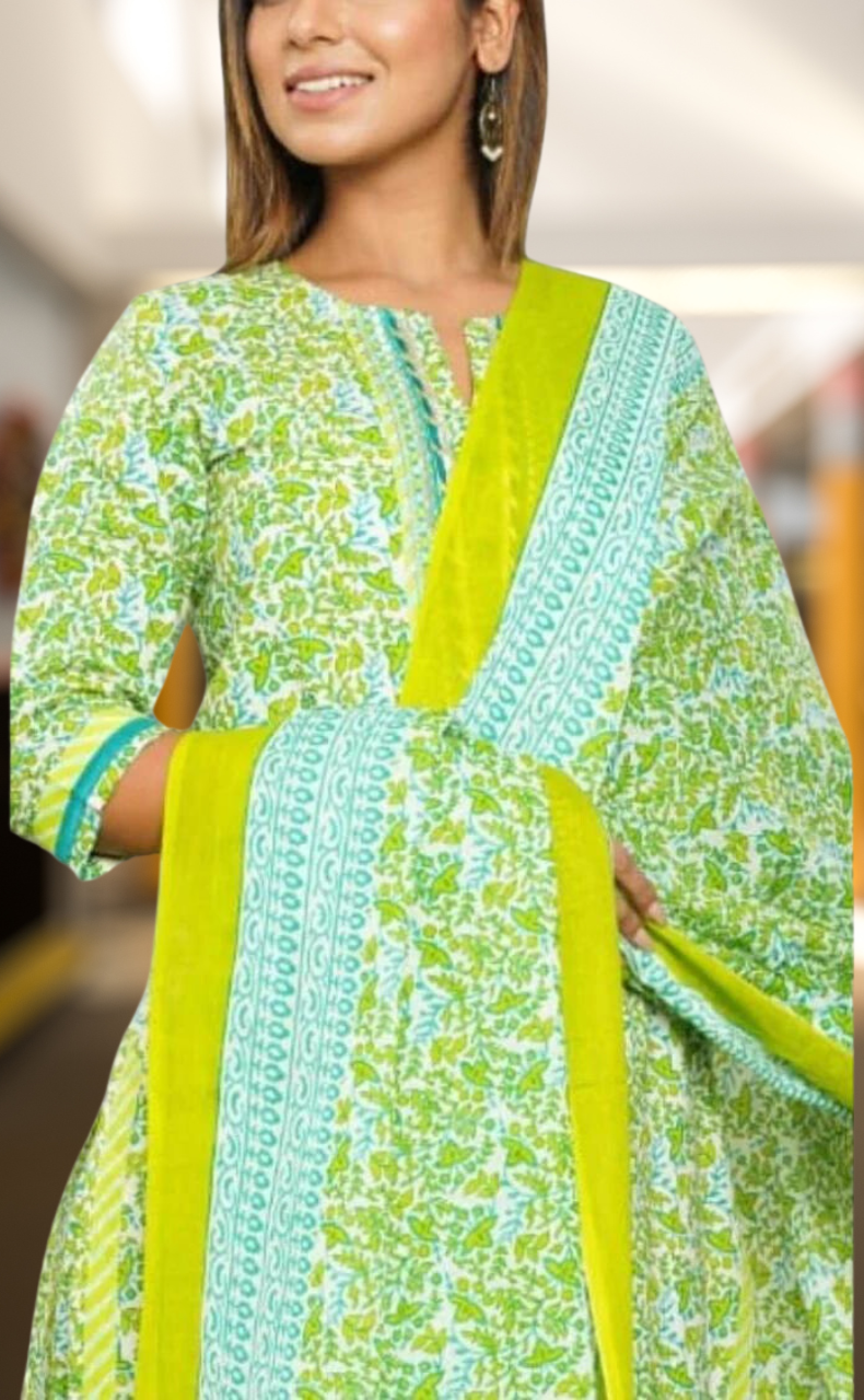 Green Garden Kurti With Pant And Dupatta Set  .Pure Versatile Cotton. | Laces and Frills - Laces and Frills