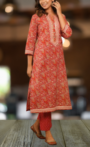 Red Floral Motif Kurti With Pant Set.Pure Versatile Cotton. | Laces and Frills - Laces and Frills