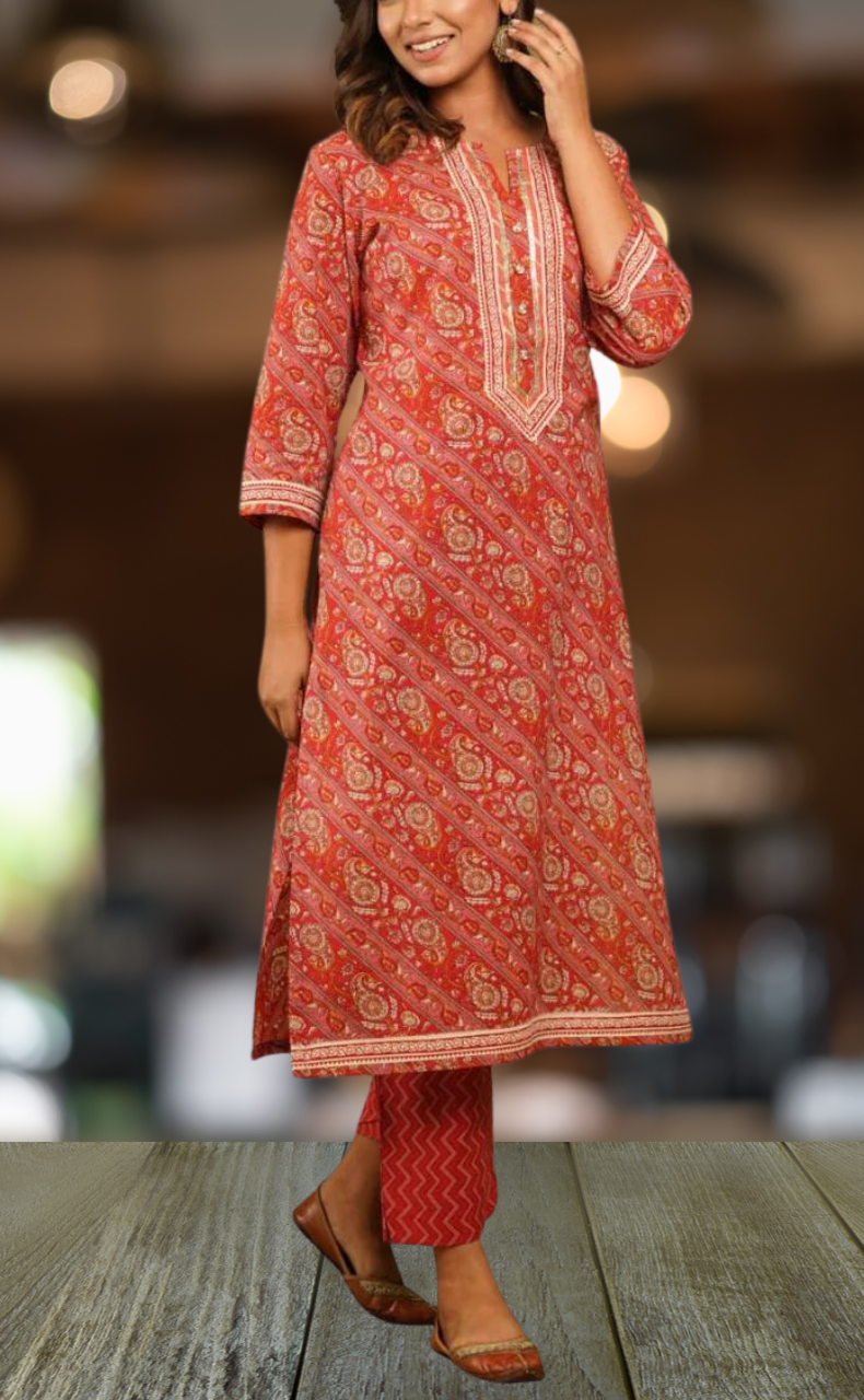 Red Floral Motif Kurti With Pant Set.Pure Versatile Cotton. | Laces and Frills - Laces and Frills