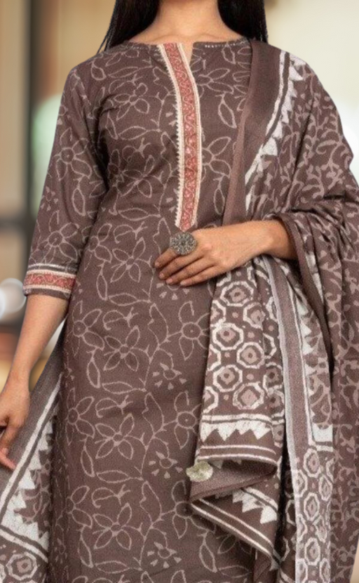 Brown Floral Kurti With Palazzo  And Dupatta Set .Pure Versatile Cotton. | Laces and Frills - Laces and Frills