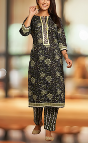 Black/Green Floral Kurti With Pant Set.Pure Versatile Cotton. | Laces and Frills - Laces and Frills