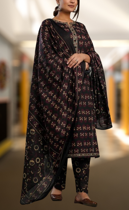 Black/Maroon Ajrakh Kurti With Pant And Dupatta Set. Pure Versatile Cotton. | Laces and Frills - Laces and Frills
