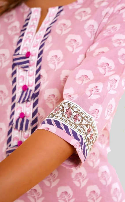 Lavender Pink Floral Kurti With Pant Set.Pure Versatile Cotton. | Laces and Frills