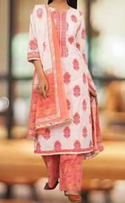 White/Pink Motif Kurti With Palazzo And Dupatta Set .Pure Versatile Cotton. | Laces and Frills - Laces and Frills
