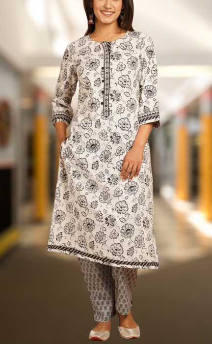 White/Black Garden Kurti With Pant And Dupatta Set  .Pure Versatile Cotton. | Laces and Frills - Laces and Frills