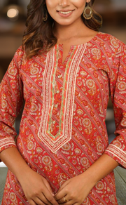Red Floral Motif Kurti With Pant Set.Pure Versatile Cotton. | Laces and Frills - Laces and Frills