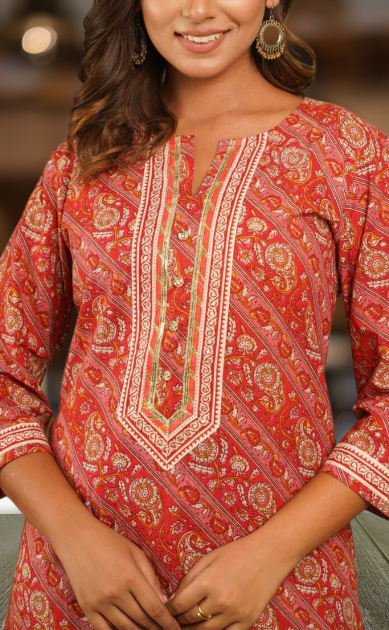 Red Floral Motif Kurti With Pant Set.Pure Versatile Cotton. | Laces and Frills - Laces and Frills