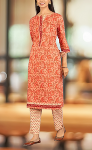 Peach/Red Floral Kurti With Pant Set .Pure Versatile Cotton. | Laces and Frills - Laces and Frills