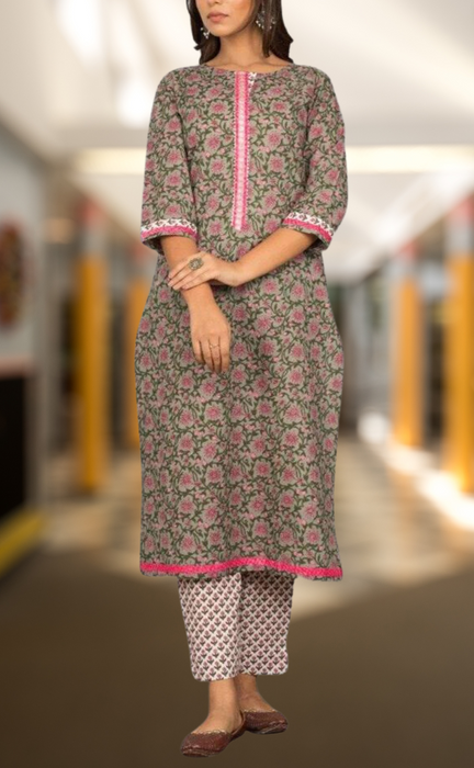 Green Floral Kurti With Pant Set .Pure Versatile Cotton. | Laces and Frills - Laces and Frills