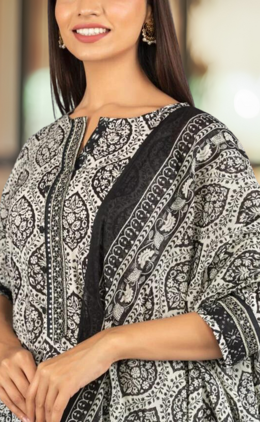 Black/White Kurti With Pant And Dupatta Set.Pure Versatile Cotton. | Laces and Frills - Laces and Frills