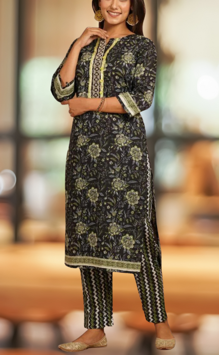 Black/Green Floral Kurti With Pant Set.Pure Versatile Cotton. | Laces and Frills - Laces and Frills