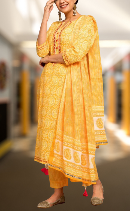 Yellow Motif Kurti With Pant And Dupatta Set  .Pure Versatile Cotton. | Laces and Frills - Laces and Frills