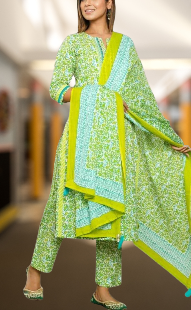 Green Garden Kurti With Pant And Dupatta Set  .Pure Versatile Cotton. | Laces and Frills - Laces and Frills