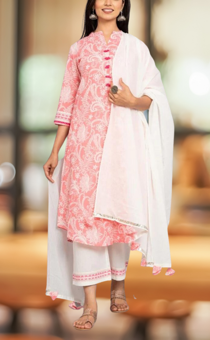Stylish Printed Cotton Pink Kurti, Pant, and Dupatta Set – Sukriti Store