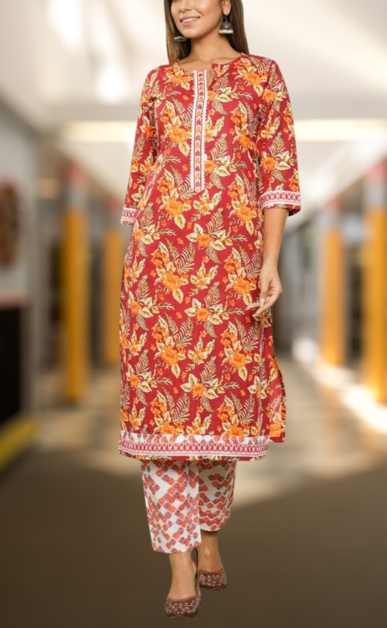 Maroon Floral Kurti With Pant Set .Pure Versatile Cotton. | Laces and Frills - Laces and Frills