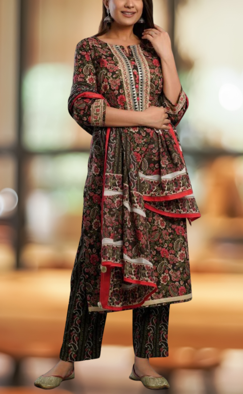 Black/Red Flora Kurti With Pant And Dupatta Set. Pure Versatile Cotton. | Laces and Frills - Laces and Frills