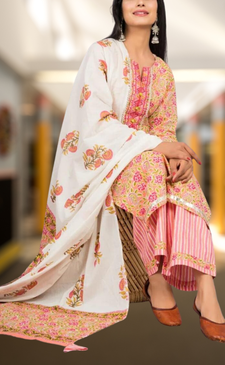Pink Garden Kurti With Palazzo And Dupatta Set  .Pure Versatile Cotton. | Laces and Frills - Laces and Frills